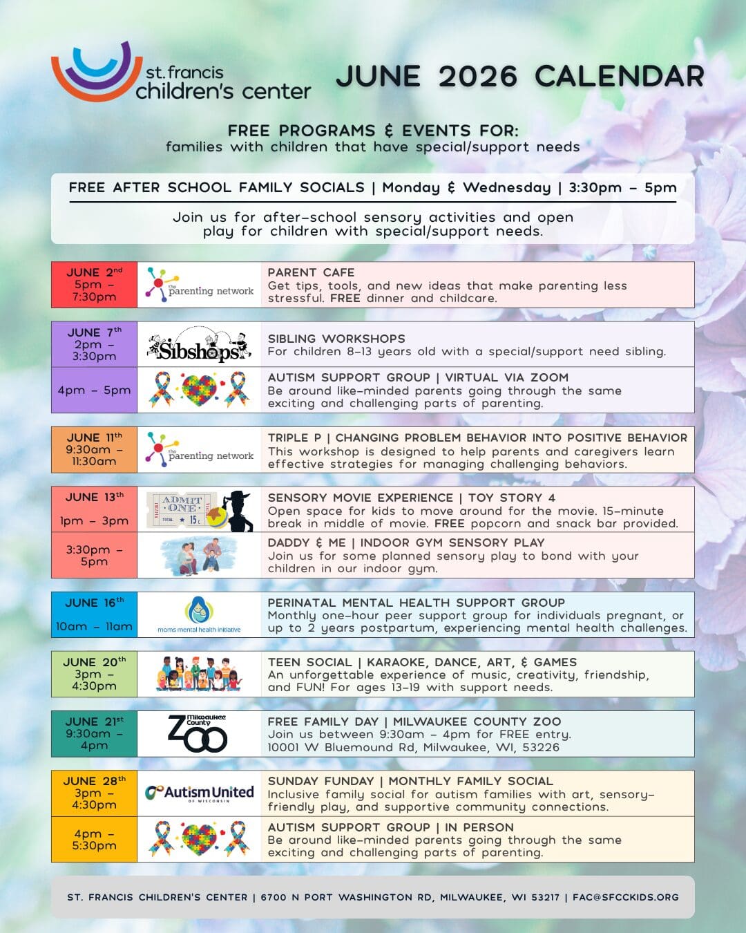 A schedule of free programs at a family activity center.
